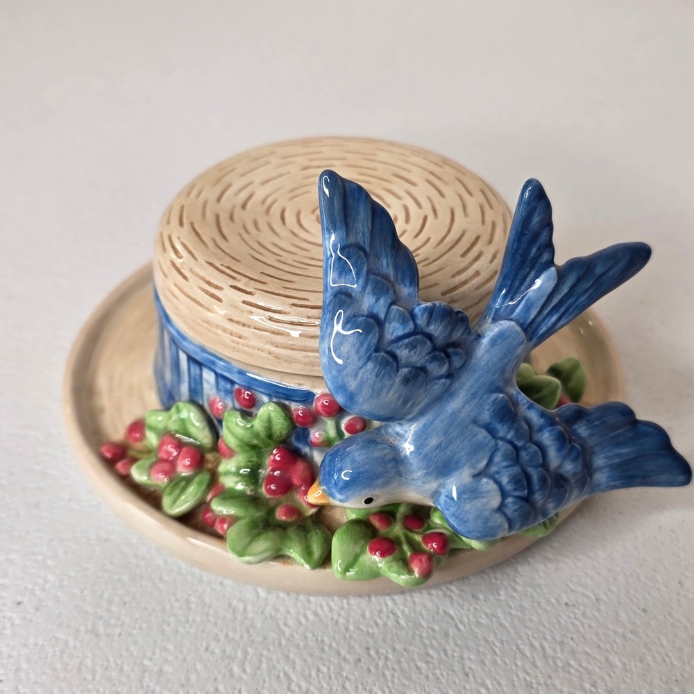 Fitz and Floyd Straw Hat Trinket Box Blue Bird Ceramic Lidded Cottagecor